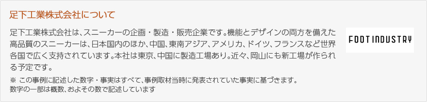 足下工業株式会社は、スニーカーの企画・製造・販売企業です。機能とデザインの両方を備えた高品質のスニーカーは、日本国内のほか、中国、東南アジア、アメリカ、ドイツ、フランスなど世界各国で広く支持されています。本社は東京、中国に製造工場あり。近々、岡山にも新工場が作られる予定です。